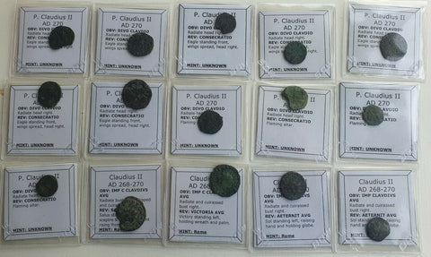 Lot of 15 professionally cleaned & identified Roman coins of Claudius II, 270 AD