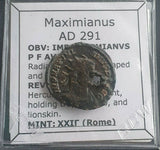 #f474#Roman bronze antoninianus coin issued by Maximian I from 291 AD